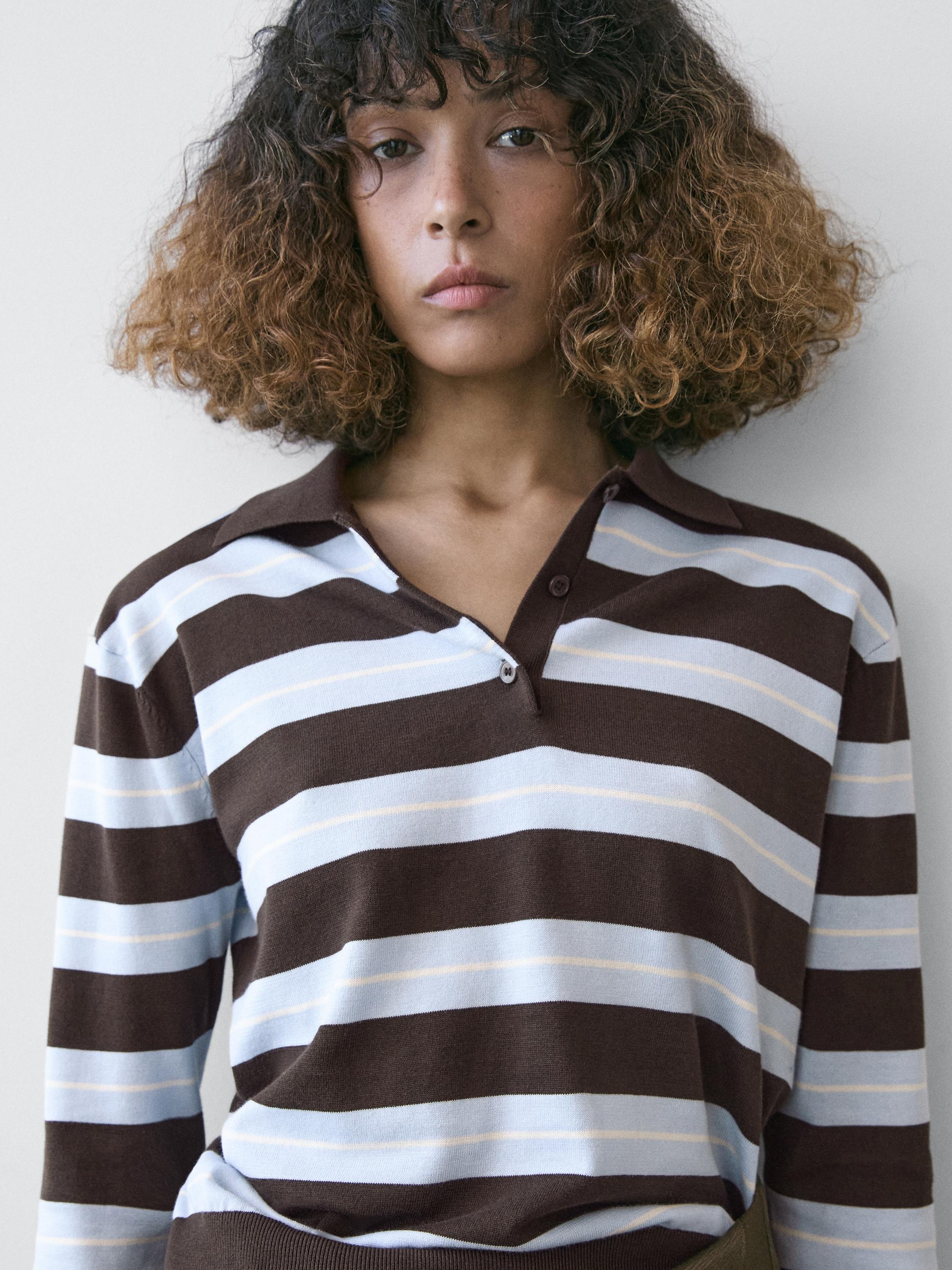 Cotton striped knit polo sweater